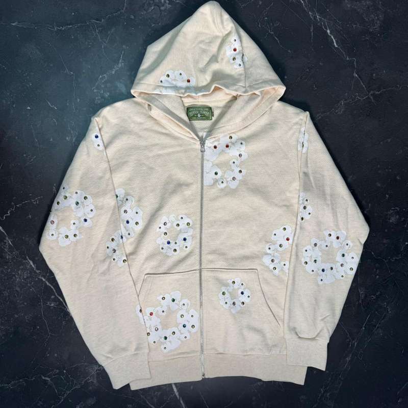Denim Tears Rhinestone Cream Zip Up Hoodie - 1