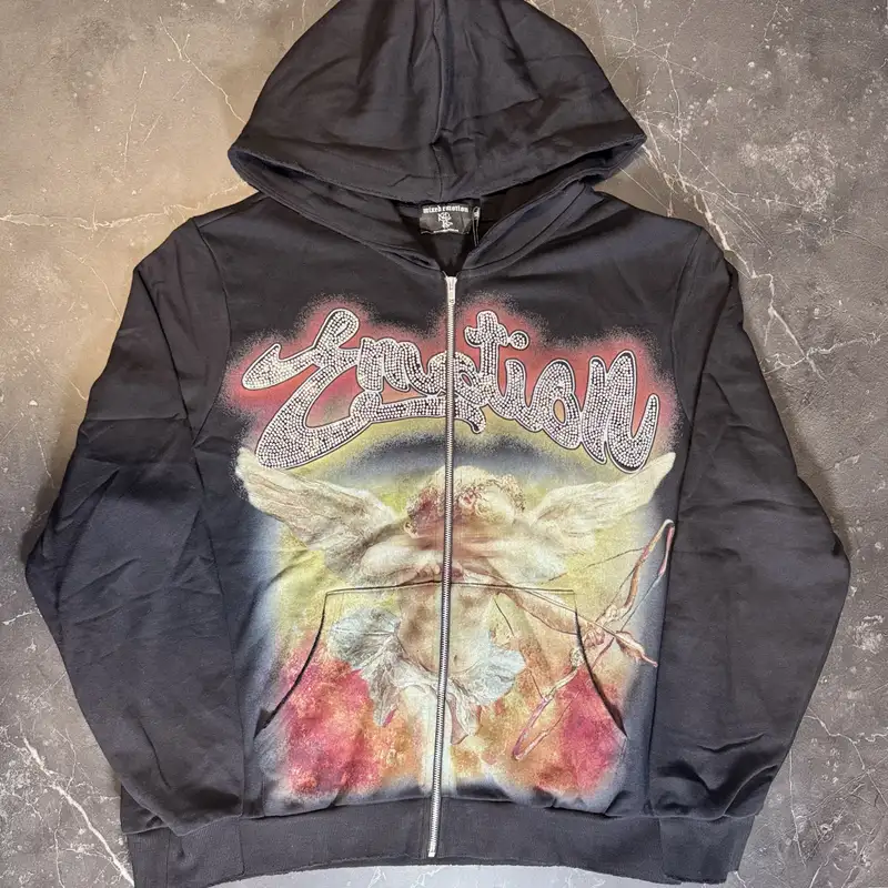 Mixed Emotions Black Rhinestone Angel Zip Up - 1